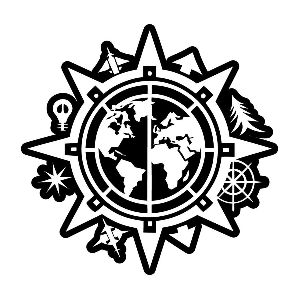 A black and white logo of a compass with the world on it vector