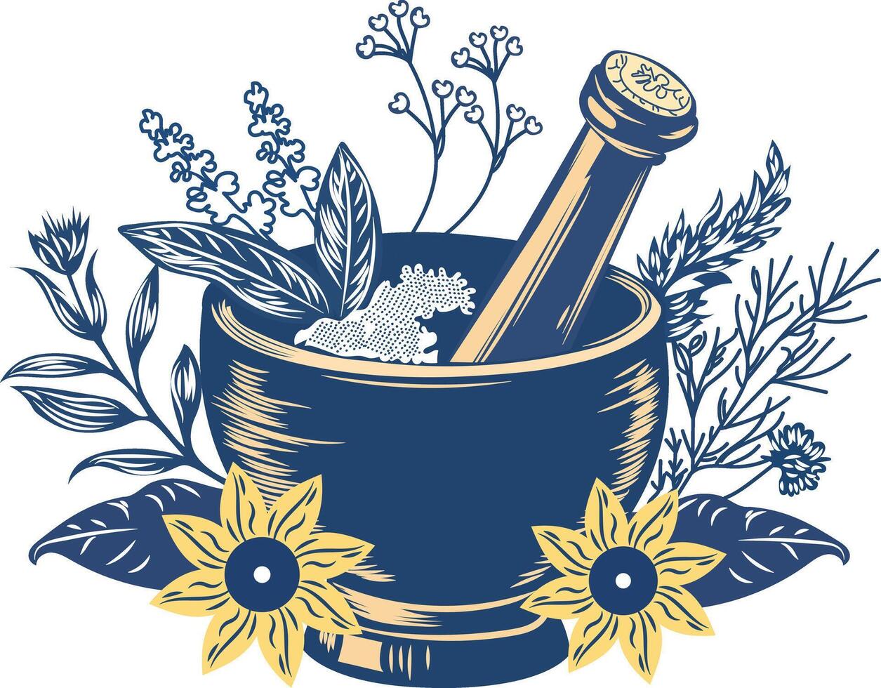 A vintage style illustration of herbal medicine in mortar pestle vector