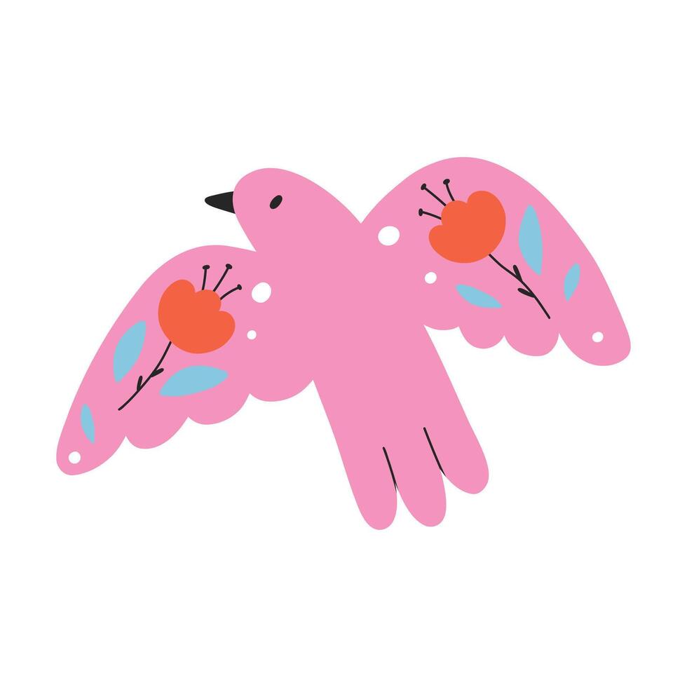 Sweet bird in folk style. Cute bird with flowers in folk style. illustration. Flat style. vector