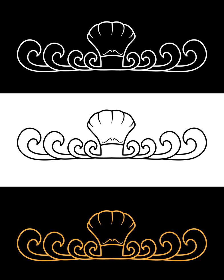 Ornate Shell or chef cap Motif with Waves or tentacles in Three Color Variations vector