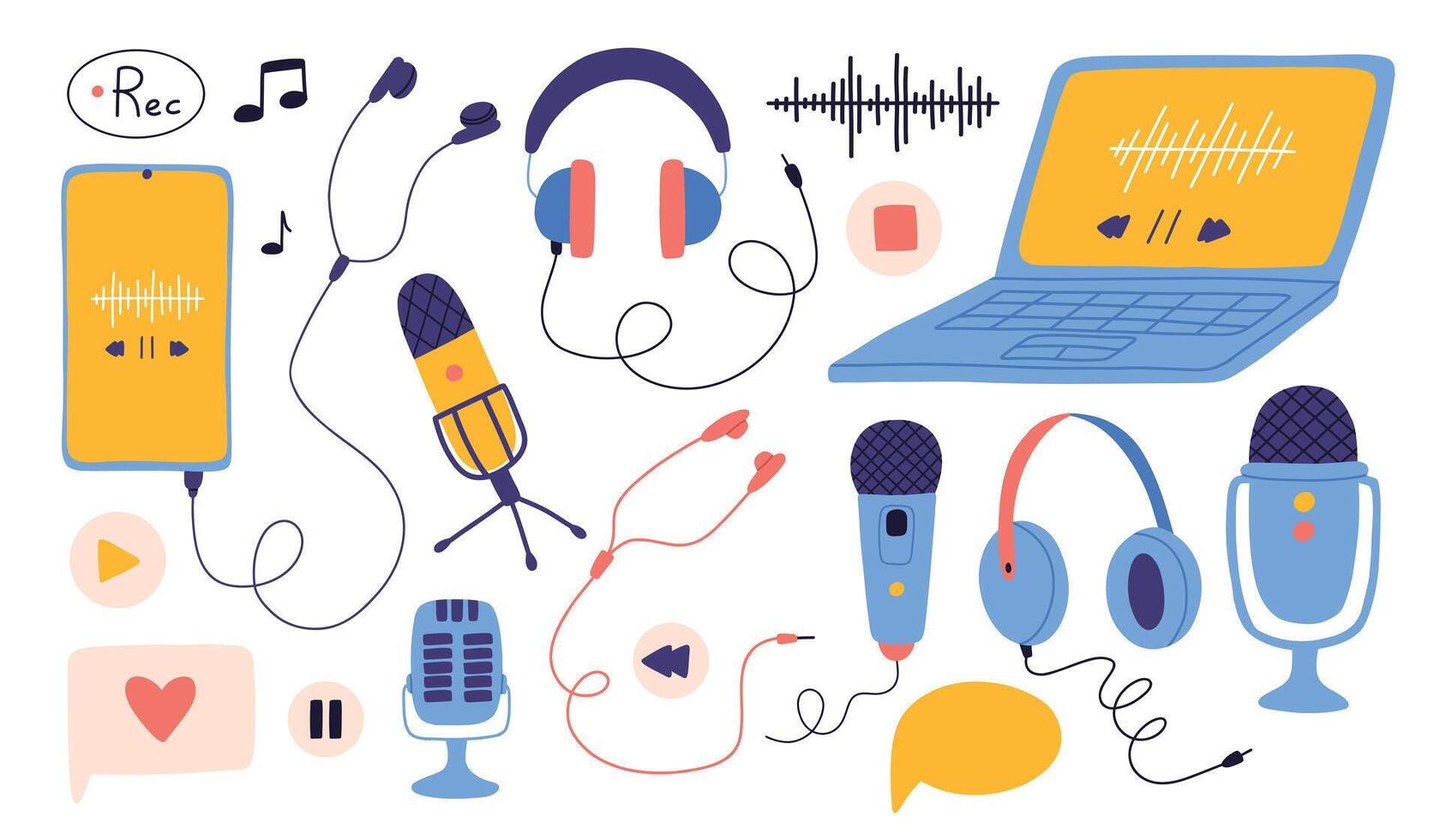 Hand drawn set of podcast elements. Collection of headphones and microphones. illustration of technology for a podcast. vector