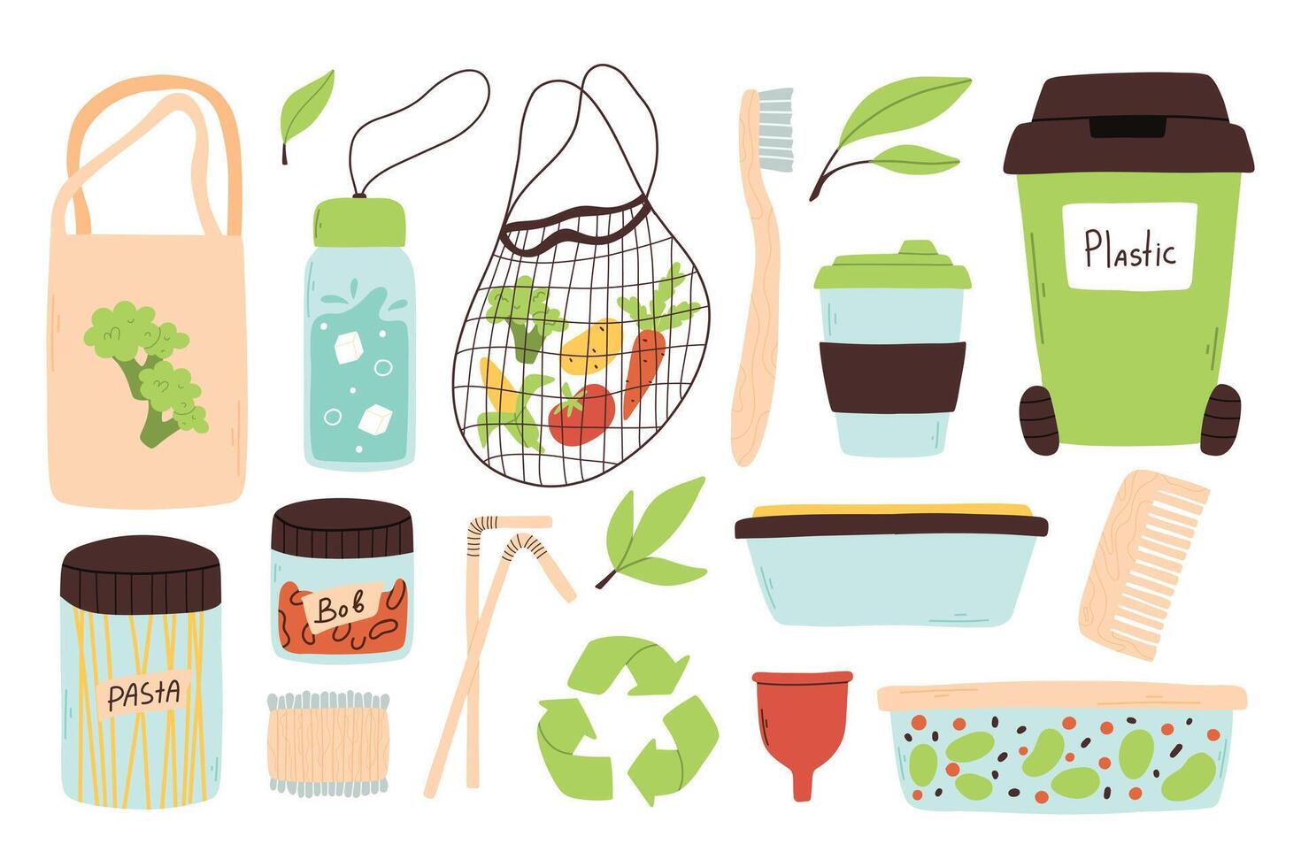 Zero waste set. Collection of environmental elements. illustration.Flat style. Recyclable bio items. vector