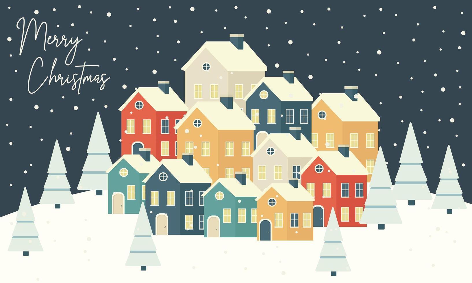 Minimalist Christmas Card with Houses. Colorful Winter Village Under Falling Snow. vector