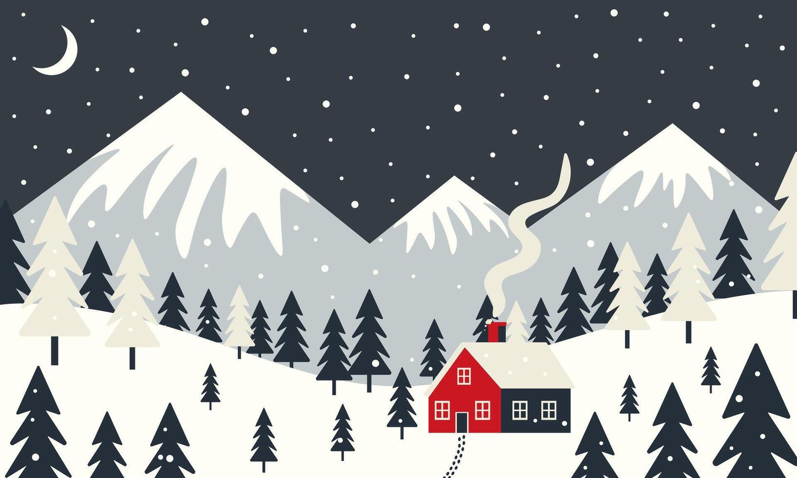 Cozy House in a Snowy Mountain Forest. Winter Landscape vector