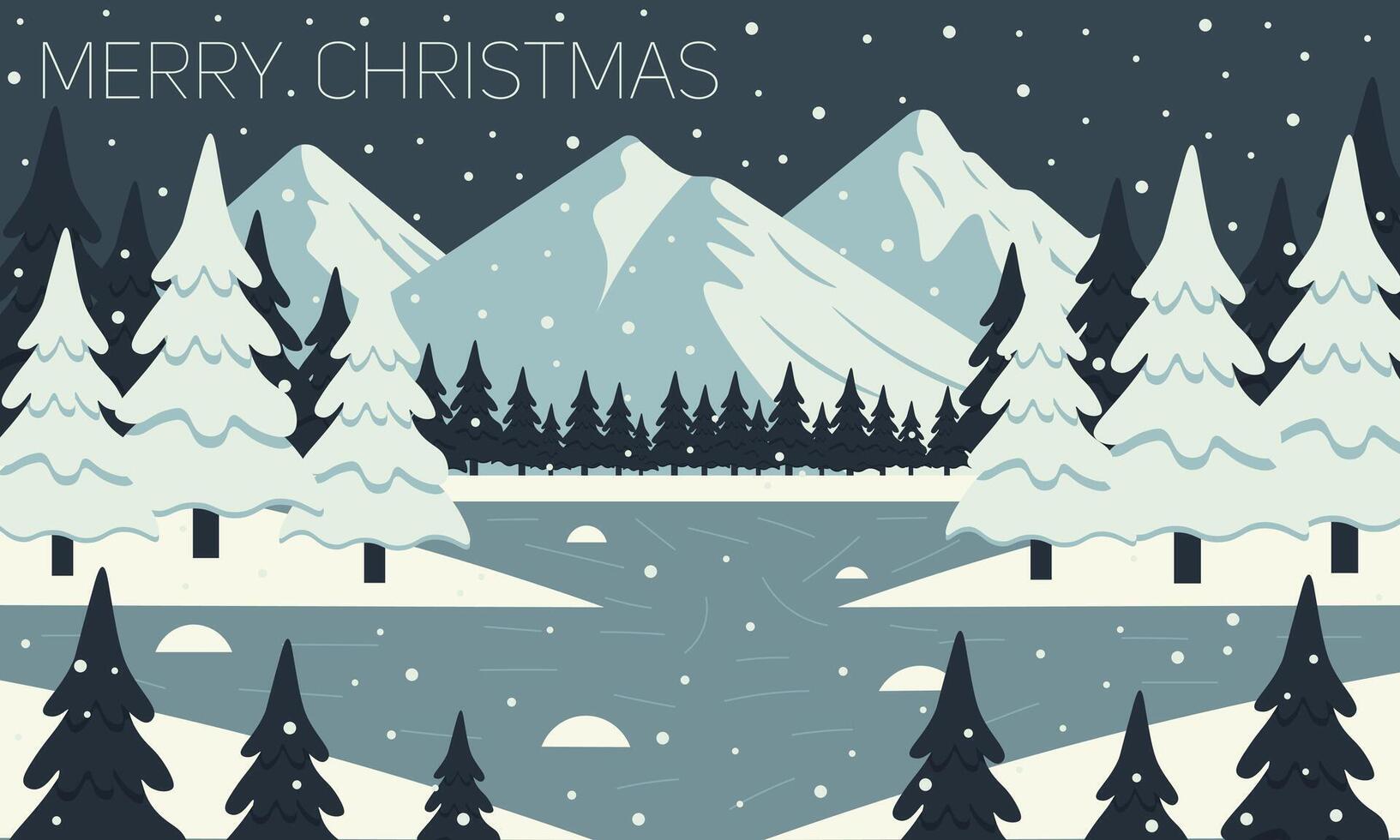 Christmas card. Winter landscape concept with lake and forest in mountains. vector