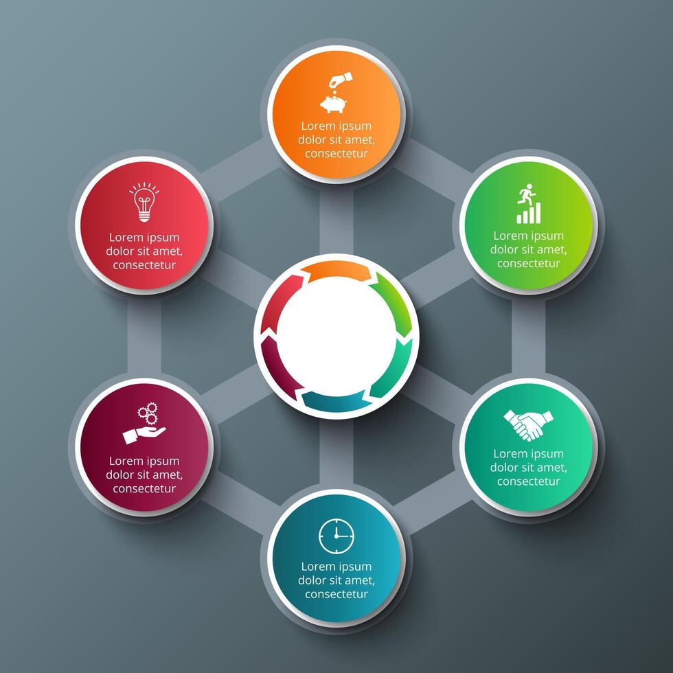 Hexagon with circles for infographic. Template for cycle diagram, graph, presentation and round chart. Business concept with 6 options, parts, steps or processes. Data visualization. vector