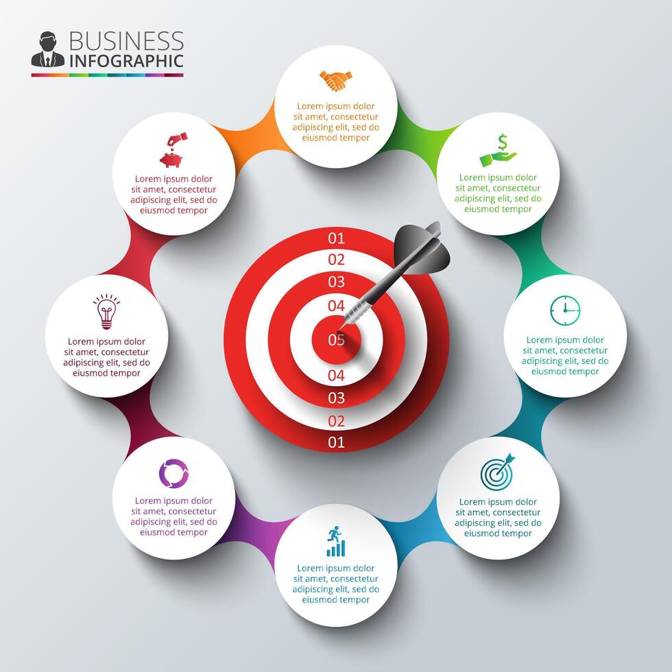 Infographic design template with target. Business concept with options, parts, steps or processes. Can be used for workflow layout, diagram, number options, web design. Data visualization. vector