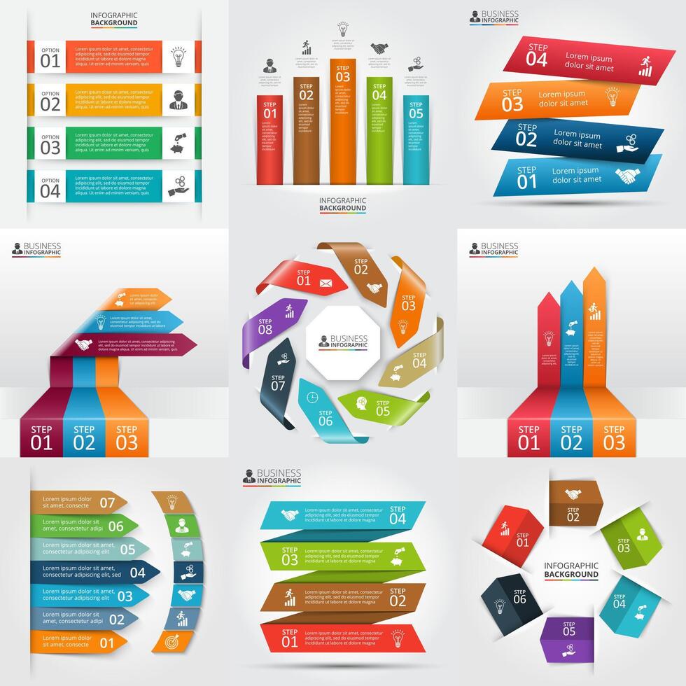 Arrows and stripes infographics set. Business concept with 3, 4, 5, 6, 7 and 8 options, parts, steps or processes. Can be used for workflow layout, diagram, number options, web design. vector