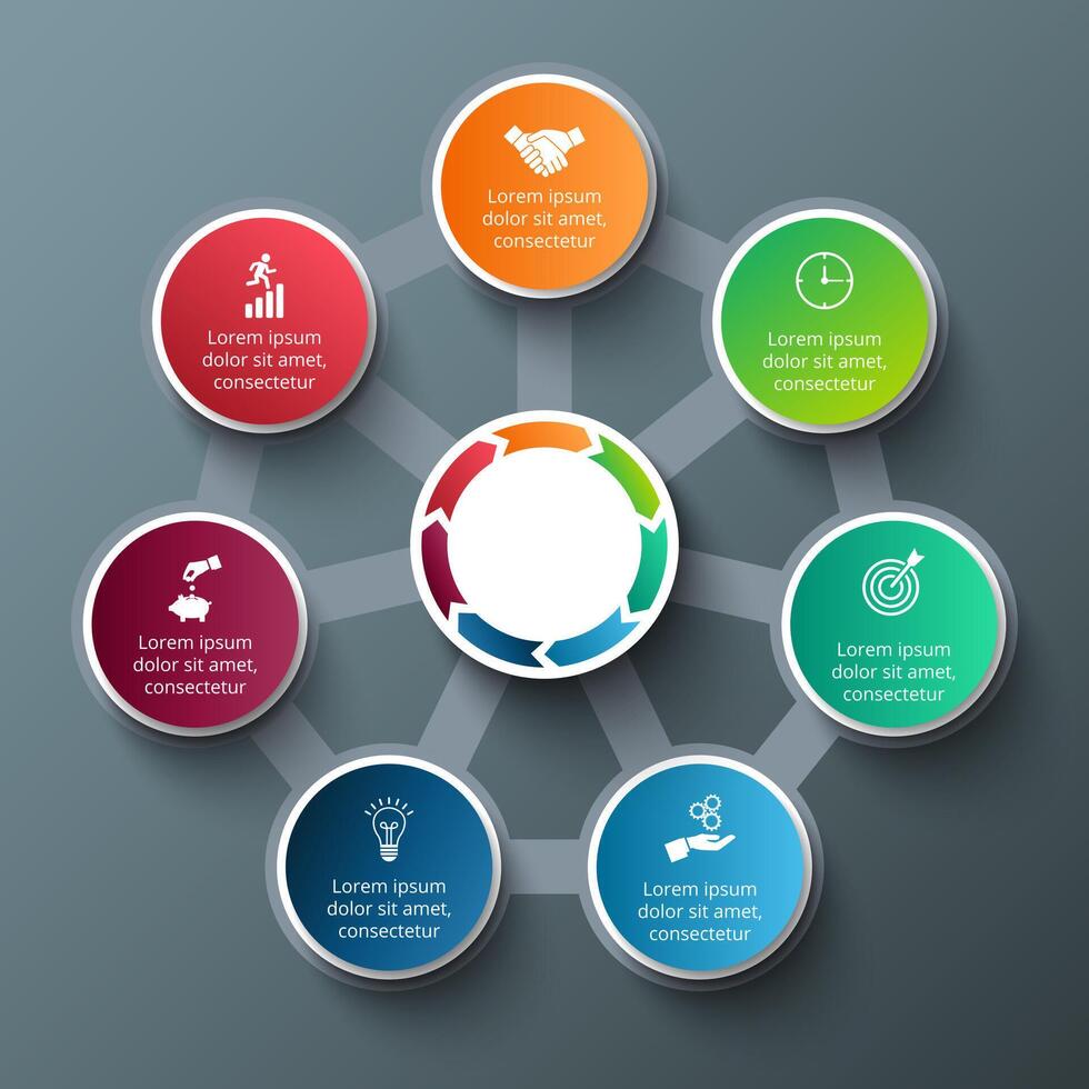 Heptagon with circles for infographic. Template for cycle diagram, graph, presentation and round chart. Business concept with 7 options, parts, steps or processes. Data visualization. vector