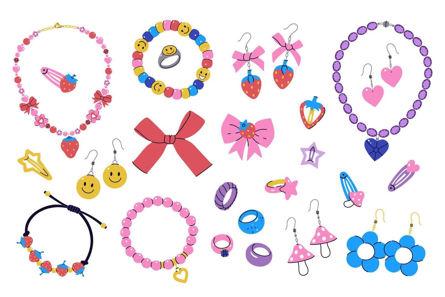 Set of cute girly accessories rings, earrings, necklaces, hairpins, bracelets. graphics. vector
