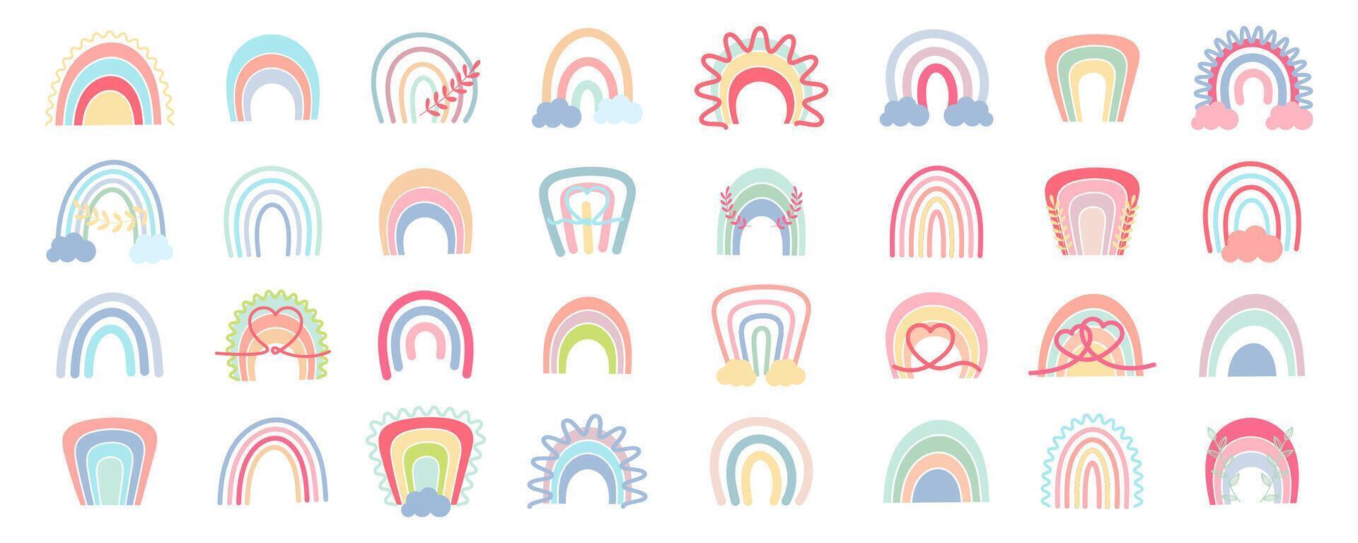 Boho rainbows set. Collection of hand drawn boho rainbows. Doodle rainbow collection. Cartoon rainbows vector