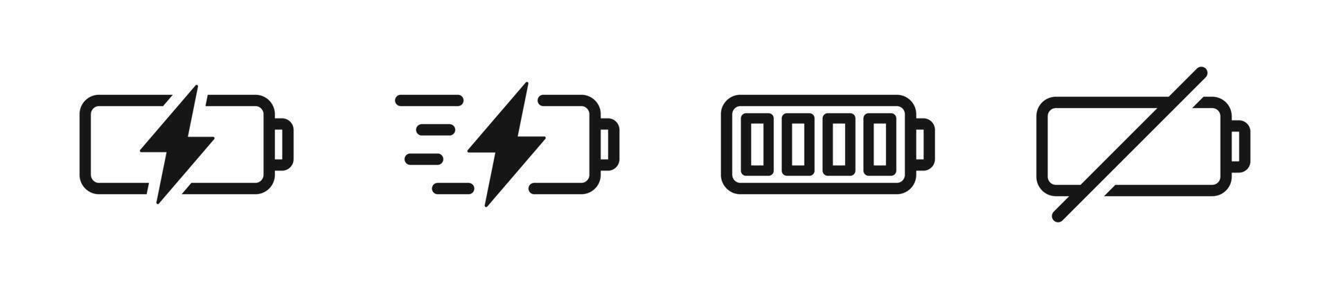 Battery charging. Battery icons. Accumulator icons. Charging icons. Charger icon. EPS 10 vector