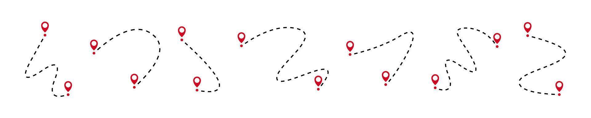 Travel path set. Line path collection. Way and location pointers. Black dotted line path with red location pin pointers. GPS concept. graphic EPS 10 vector