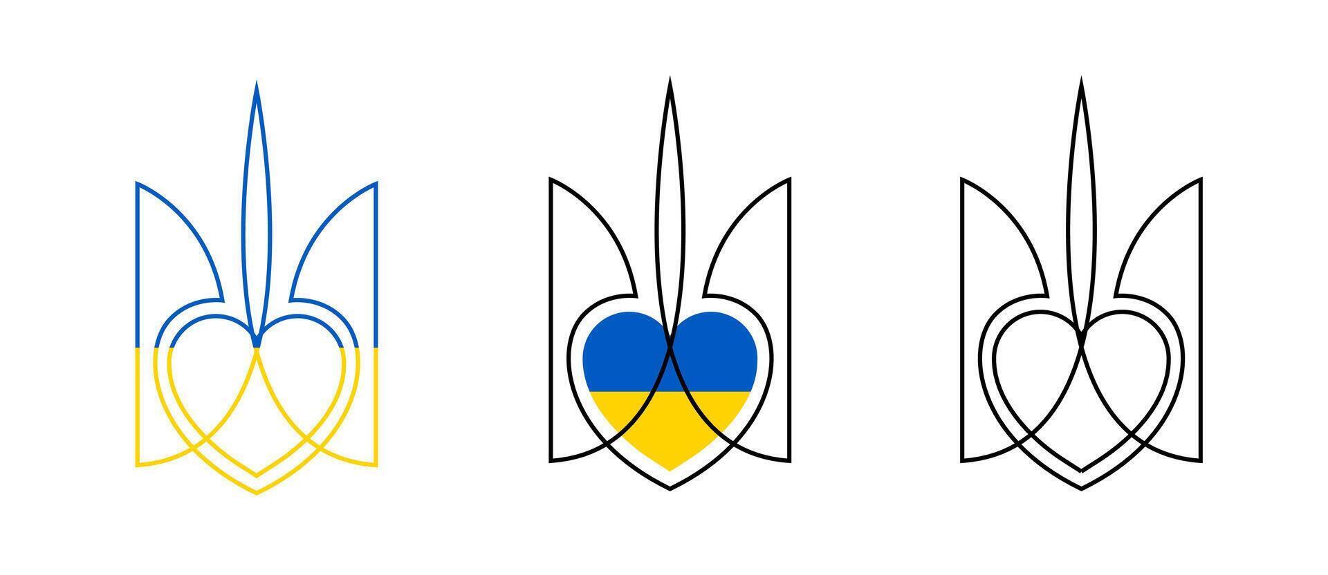 Blue and yellow trident set. Emblem of Ukraine. Ukrainian trident emblem. National emblem with blue and yellow heart. Ukrainian trident. illustration EPS 10 vector