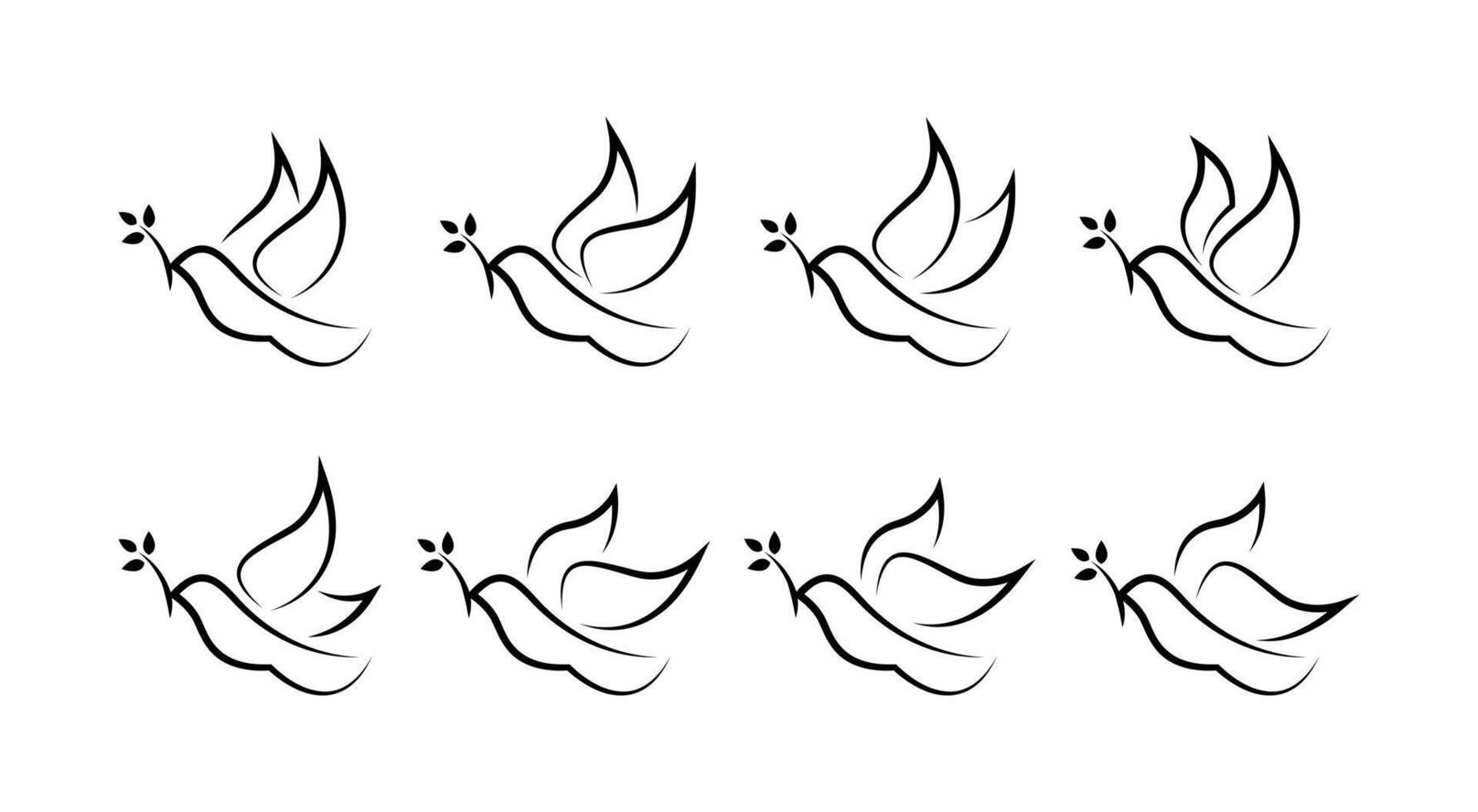 Dove with branch. Line dove silhouettes. Dove and pigeon bird silhouettes. Pigeon icon set. Peace doves. Peace symbols. graphic EPS 10 vector