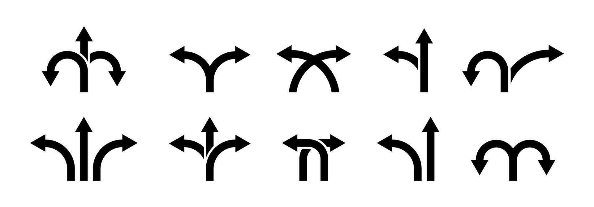 Road direction icon collection. Way direction arrow sign set. Two way and three-way direction arrow sign. Road signs icon collection. graphic EPS 10 vector