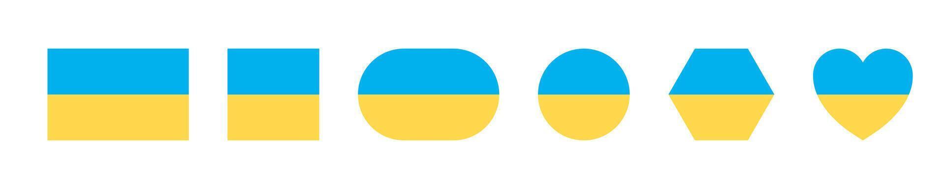 Ukraine flag shapes icon set. Flag of Ukraine. National symbol collection. Square, round heart and pentagon shape. Ukrainian flag symbols. Blue and yellow illustration.EPS 10 vector