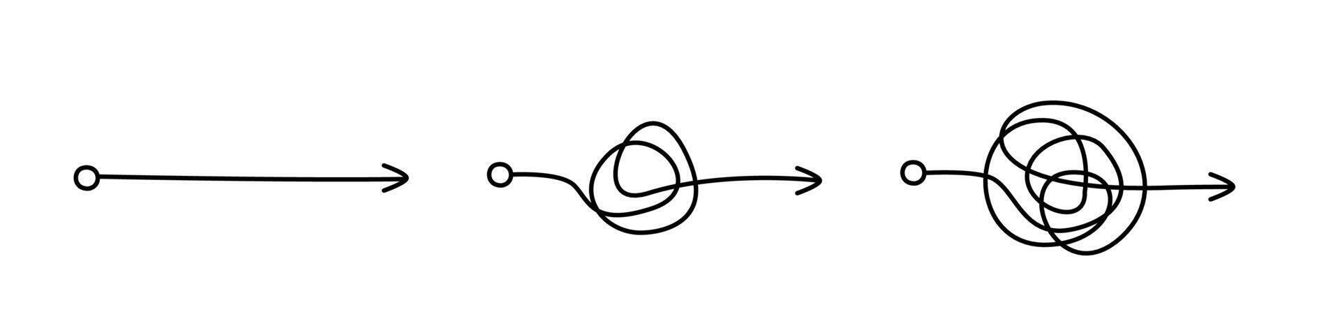 Collection of chaotic messy lines. Set of messy clew symbols. Different ways to solve problem. scribbles. Arrow line knot. graphic EPS 10 vector