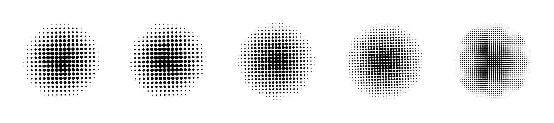 Circle halftone effects set. Abstract dotted circles, round halftones geometric dots. Dot spray gradation set. Illustration halftone gradient spotted, rounded effect. EPS 10 vector