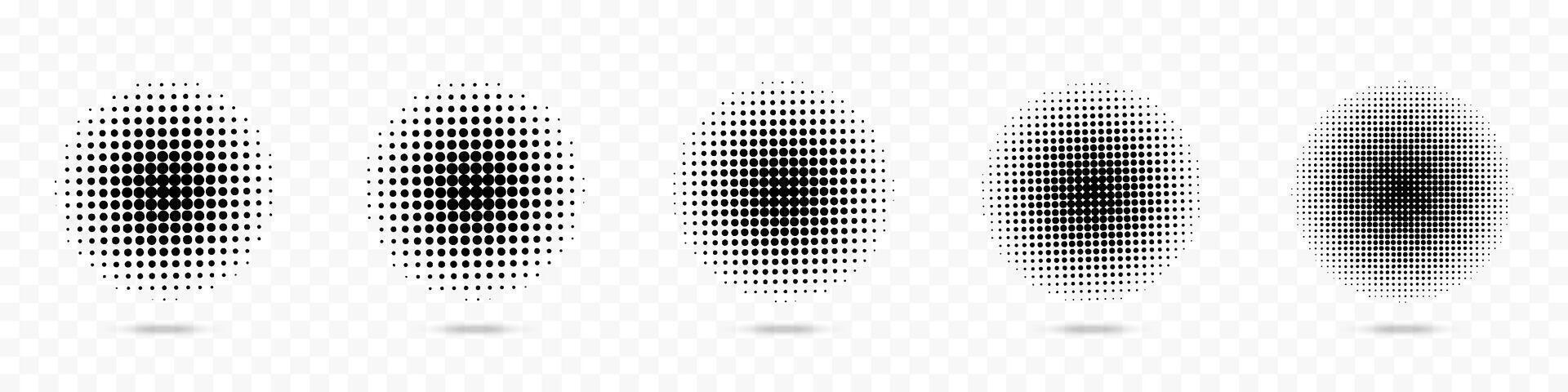 Circle halftone effects set. Abstract dotted circles, round halftones geometric dots. Dot spray gradation set. Illustration halftone gradient spotted, rounded effect. EPS 10 vector