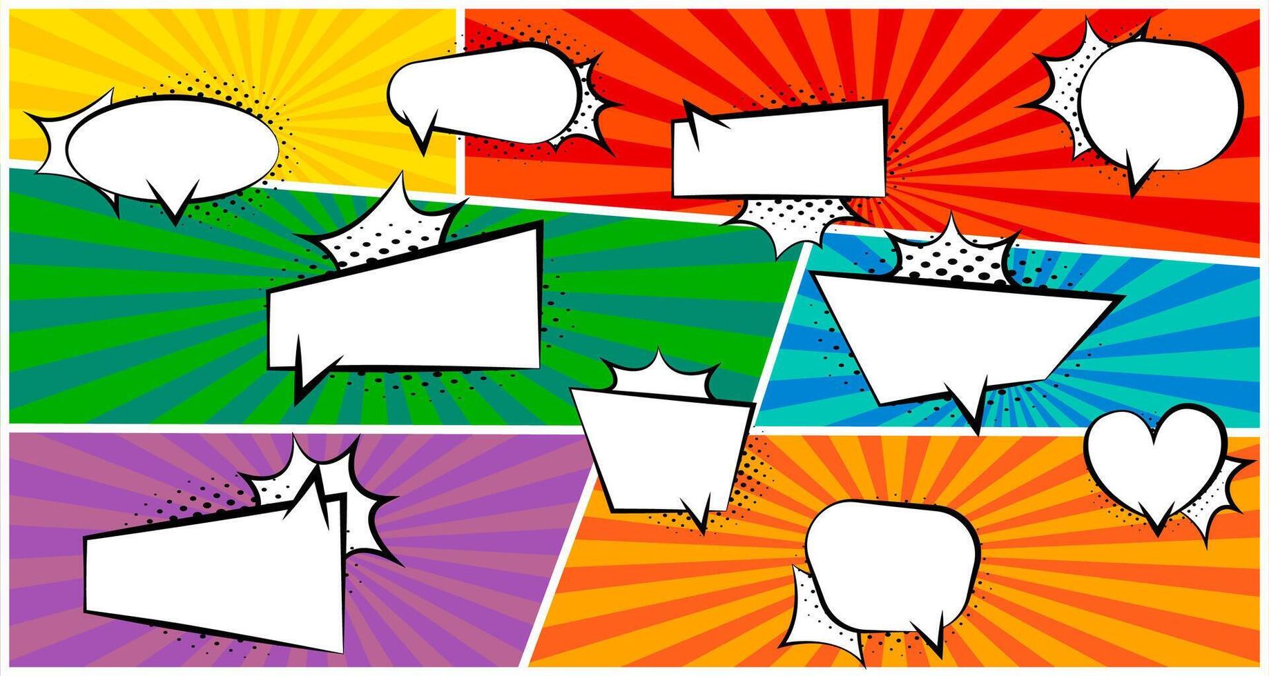 Vintage cartoon speech bubbles template collection. Comic speech bubbles set with halftone on burst background. graphic EPS 10 vector