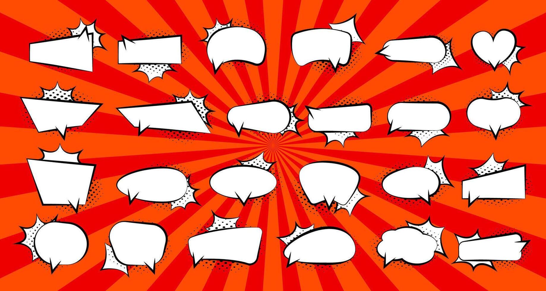 Comic speech bubbles set with halftone on red burst background. Vintage cartoon speech bubbles template collection. graphic EPS 10 vector