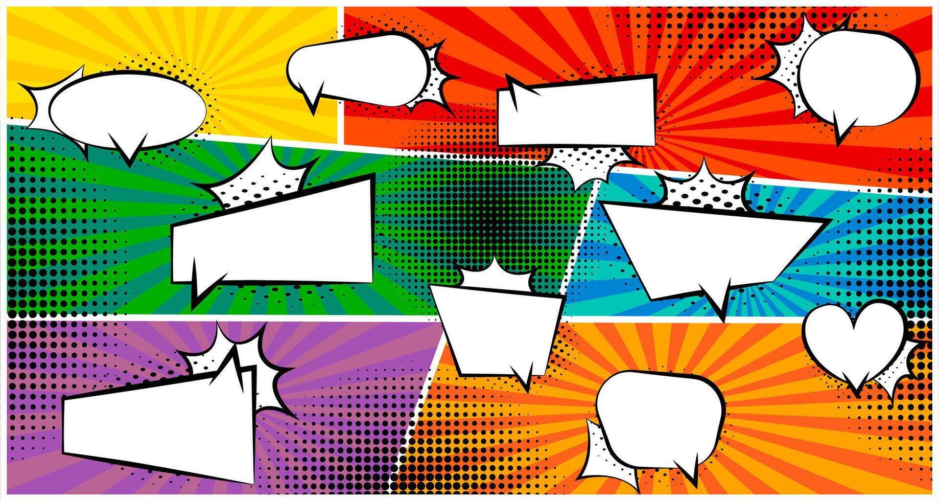 Vintage cartoon speech bubbles template collection. Comic speech bubbles set with halftone on burst background. graphic EPS 10 vector