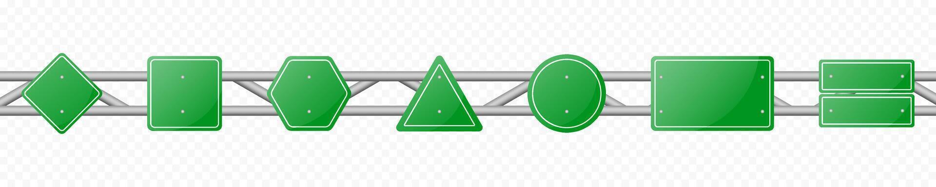 Set of road text panels. Green road signs banners isolated on transparent background. Highway signs. Green pointers on the road, traffic control signs and road direction signboards graphic EPS vector