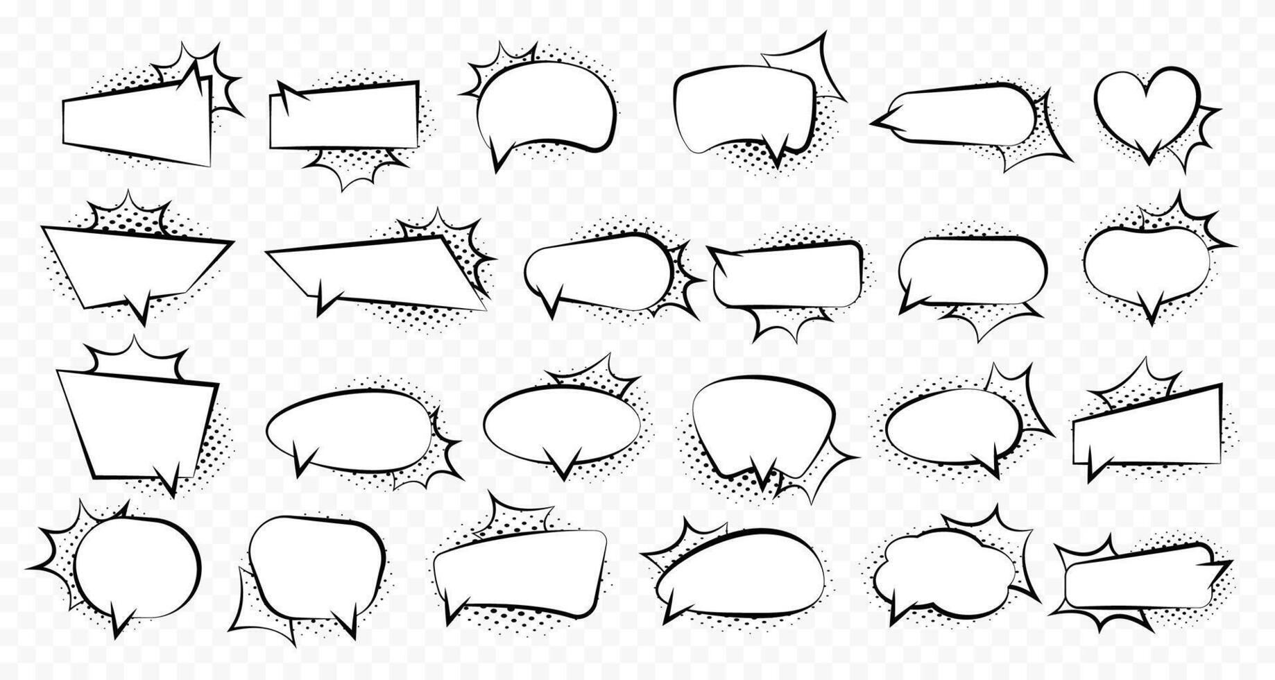 Retro empty comic speech bubbles set with black halftone shadows. Speech bubbles collection. Vintage design, pop art style. Vintage message clouds collection. Cartoon illustration. EPS vector