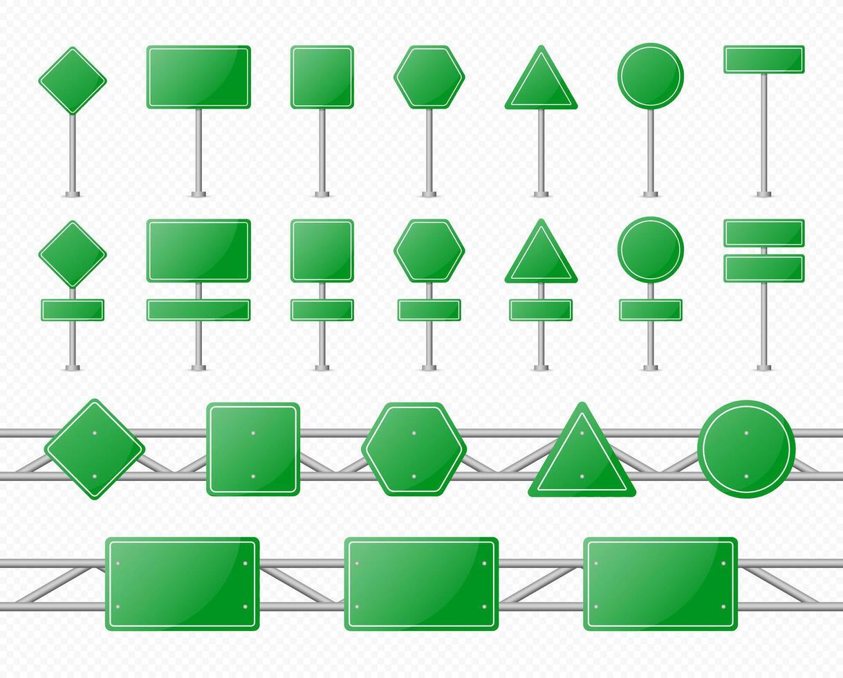 Green road signs banners isolated on transparent background. Set of road text panels. Highway signs. Green pointers on the road, traffic control signs and road direction signboards graphic EPS vector