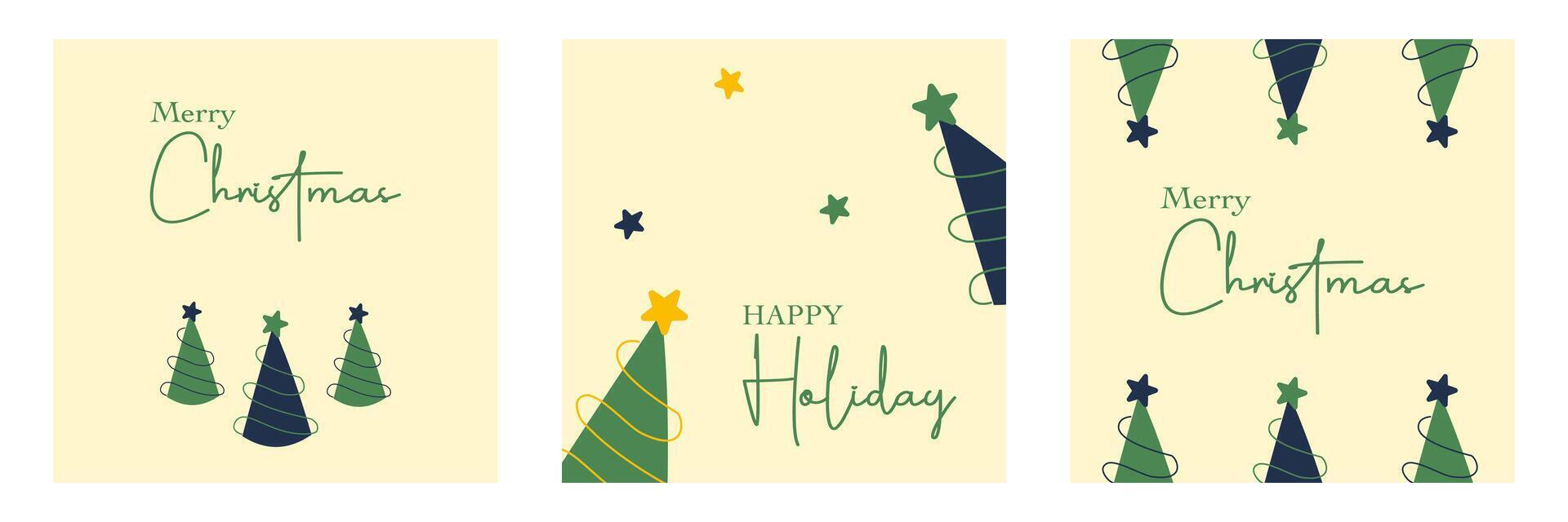 Set of Merry Christmas and happy new year greeting with Trees, typography on bright color background for social media post vector
