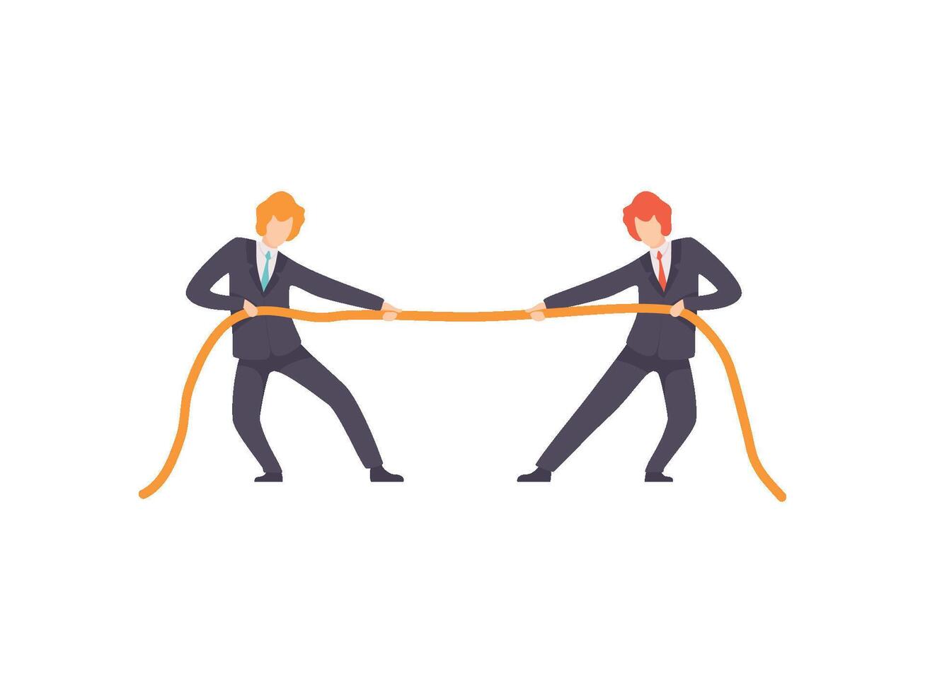 Two Businessmen Pulling Opposite Ends of Rope, Business Competition, Rivalry Between Colleagues, Office Workers Challenging Illustration vector
