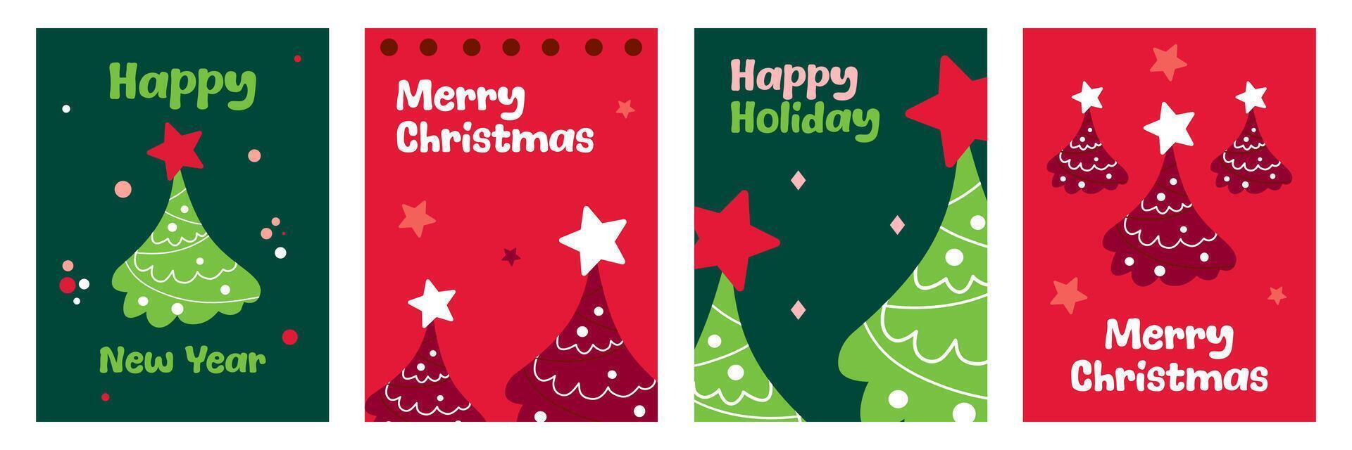 Set of Merry Christmas and happy new year greeting with trees on green and red color background vector