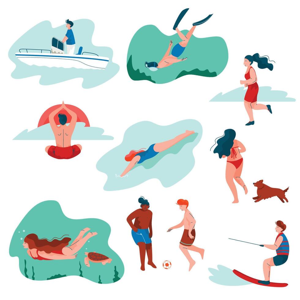 People Relaxing at Summer Vacation Set, Young Man and Woman Surfing, Swimming, Diving, Playing Soccer, Doing Sports, Summer Outdoors Activities Illustration vector