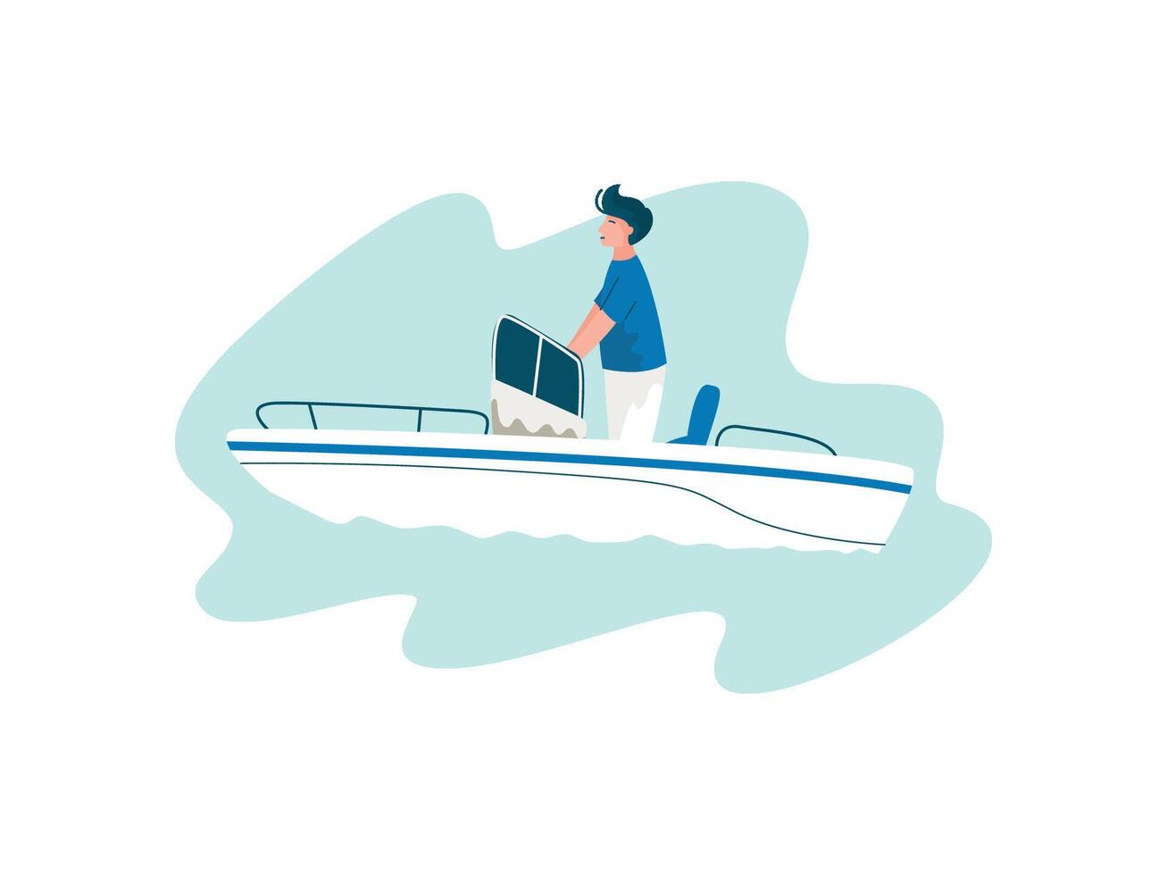 Man Traveling on Yacht at Sea on Summertime, Summer Outdoors Activities Illustration vector
