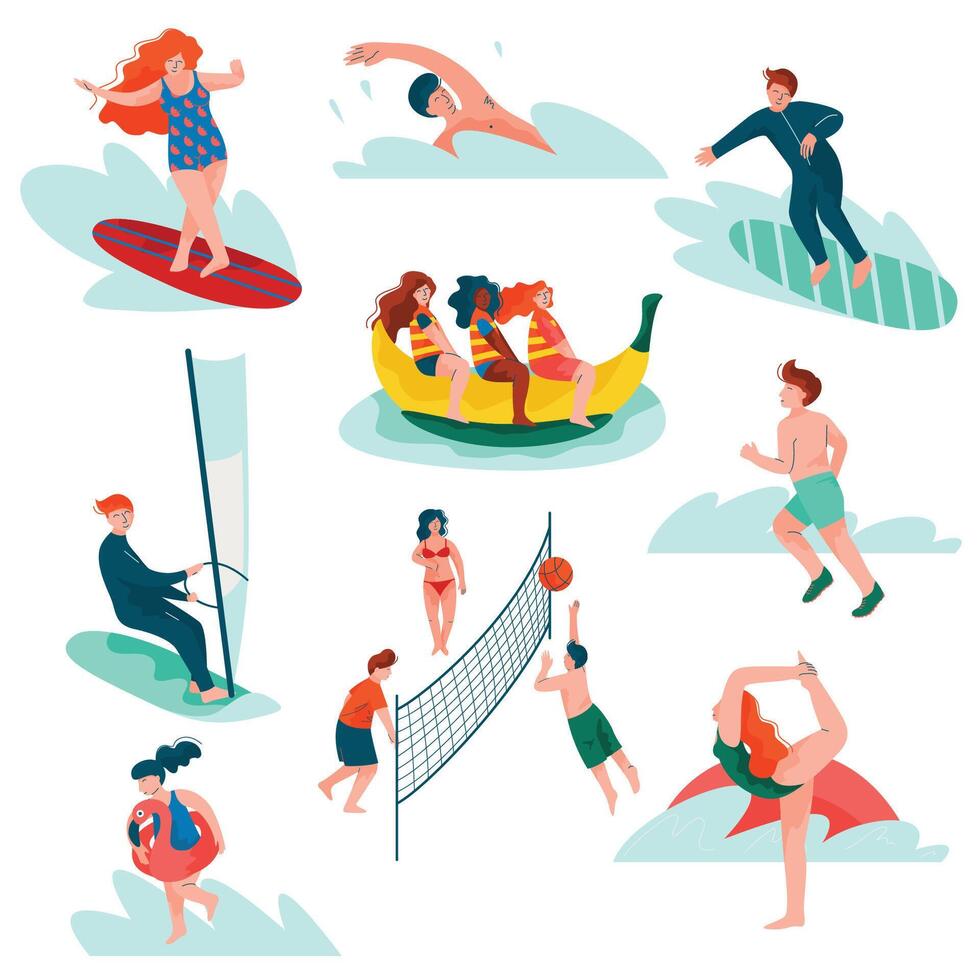 People Relaxing at Summer Vacation Set, Young Man and Woman Surfing, Swimming, Sailing, Doing Sports, Summer Outdoors Activities Illustration vector