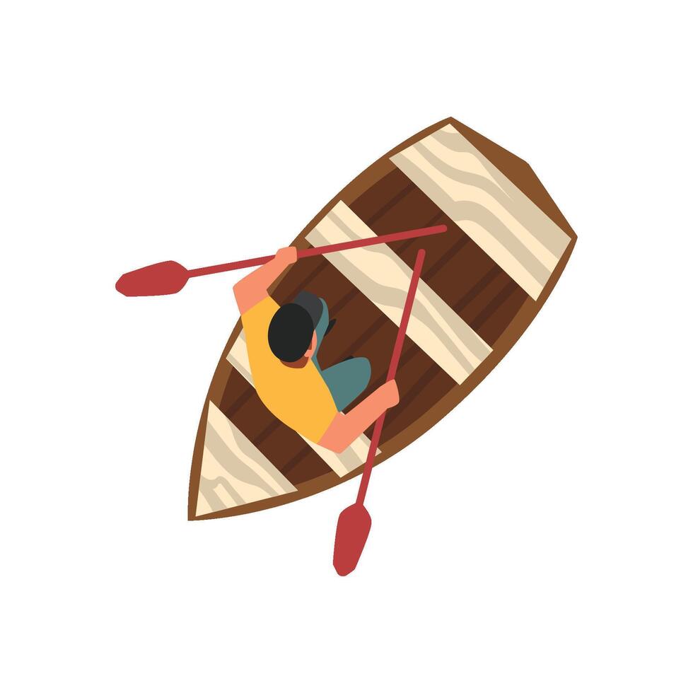 Man in Cap Sitting in Wooden Boat, Top View Illustration vector