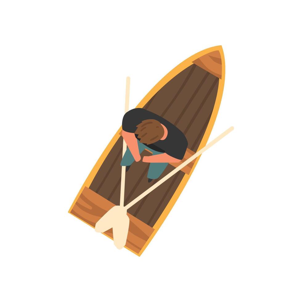 Man Sitting in Wooden Boat, Top View Illustration vector