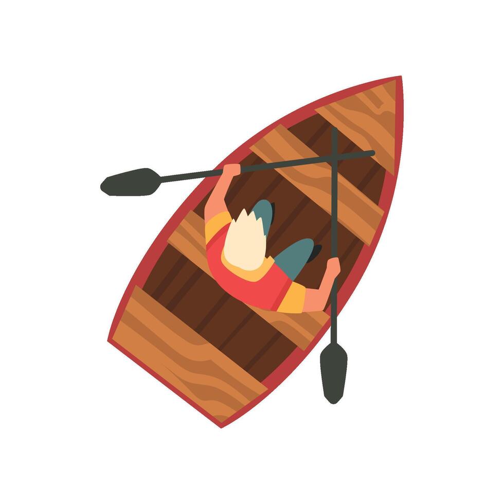 Man Floating on Wooden Boat, Top View Illustration on White Background. vector