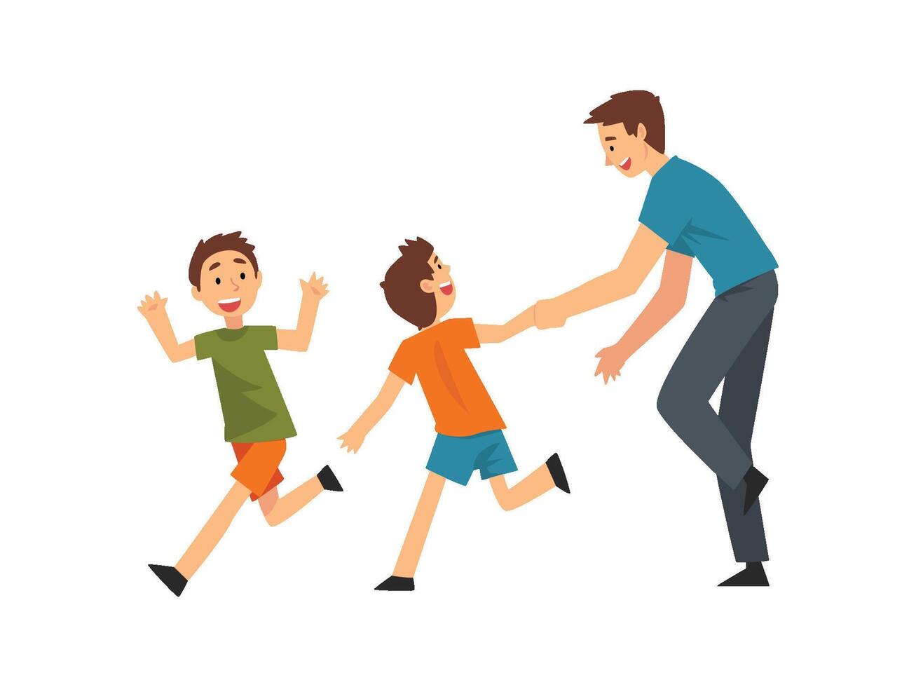 Dad and Sons Playing Catch Up and Tag Game, Father and His Children Having Good Time Together, Best, Dad, Happy Family Cartoon Illustration vector