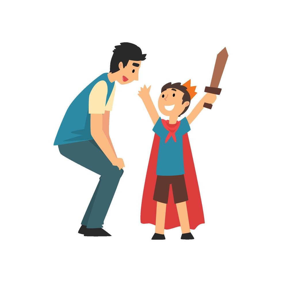 Dad Playing with Son in Knights, Father and His Child Having Good Time Together, Best Dad Cartoon Illustration vector