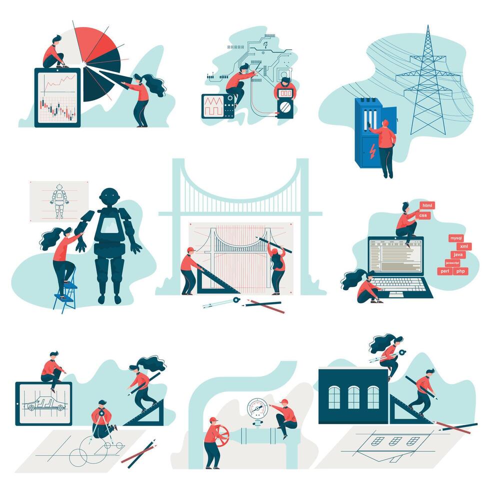 Engineers Working at Projects Set, Programmers, Electricians, Architects, Builders Engineers at Work, Car Industry, Software, Architectural Engineering Illustration vector
