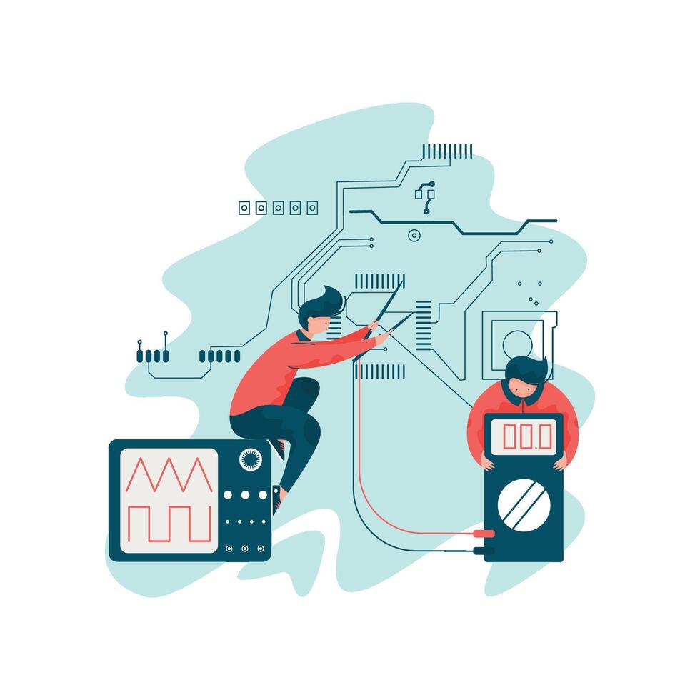 Electrical Engineer Working with Engineers Electricians Work with Electrical Equipment Illustration vector