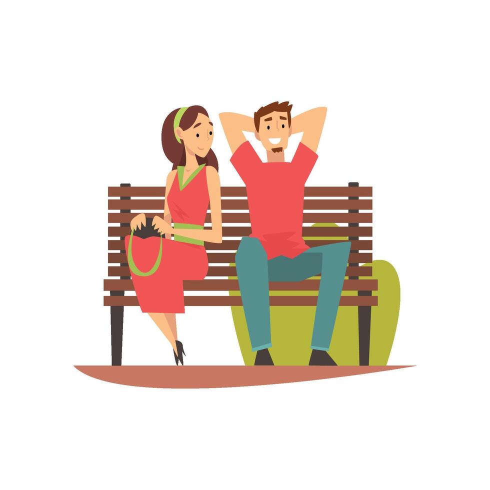 Smiling Young Man and Woman Sitting on Bench in Park, Romantic Couple on Date Illustration vector