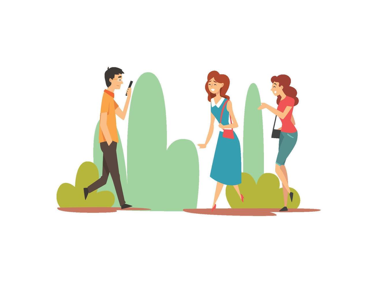 People Enjoying Nature Outdoors, Young Man and Woman Walking in Summer Park Illustration vector