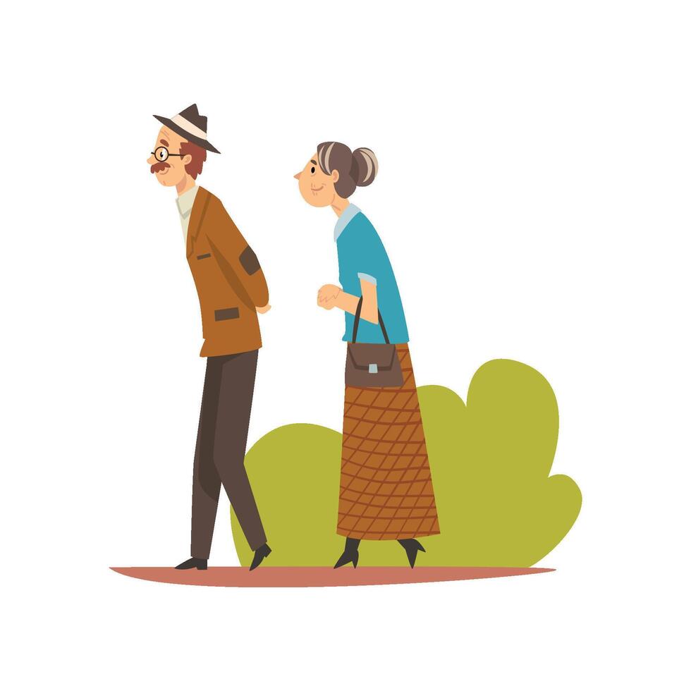Elderly Couple Walking in Park, Senior Man and Woman Enjoying Nature Outdoors Illustration vector