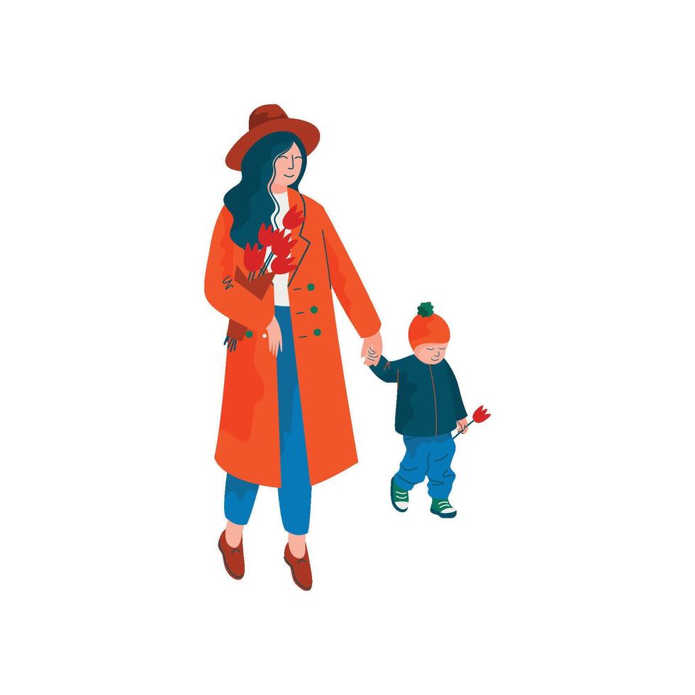Mother and Her Little Son Walking Holding Hands, Beautiful Woman Dressed in Red Coat and Hat with Bouquet of Spring Flowers Illustration vector