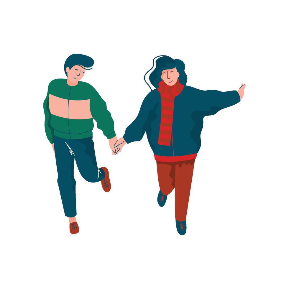 Young Man and Woman Embracing, Happy Running Romantic Couple Dressed in Seasonal Clothes Illustration vector