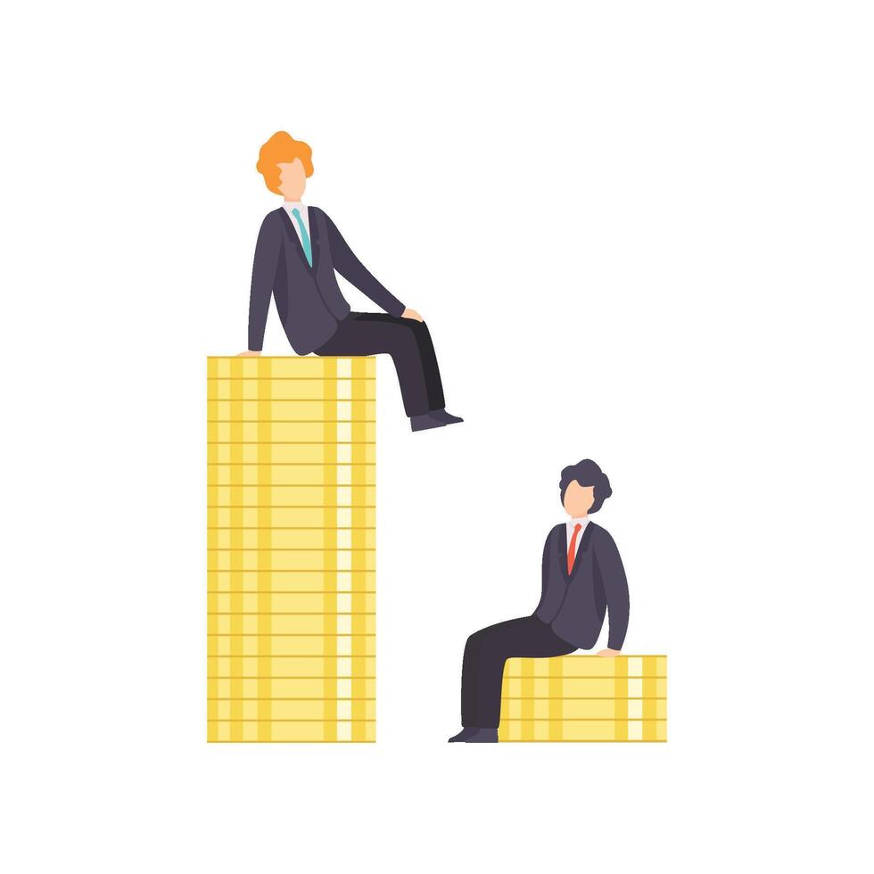 Businessmen Standing on Stacks of Coins Representing Wages Level, Business Competition, Rivalry Between Colleagues, Office Workers Challenging Illustration vector