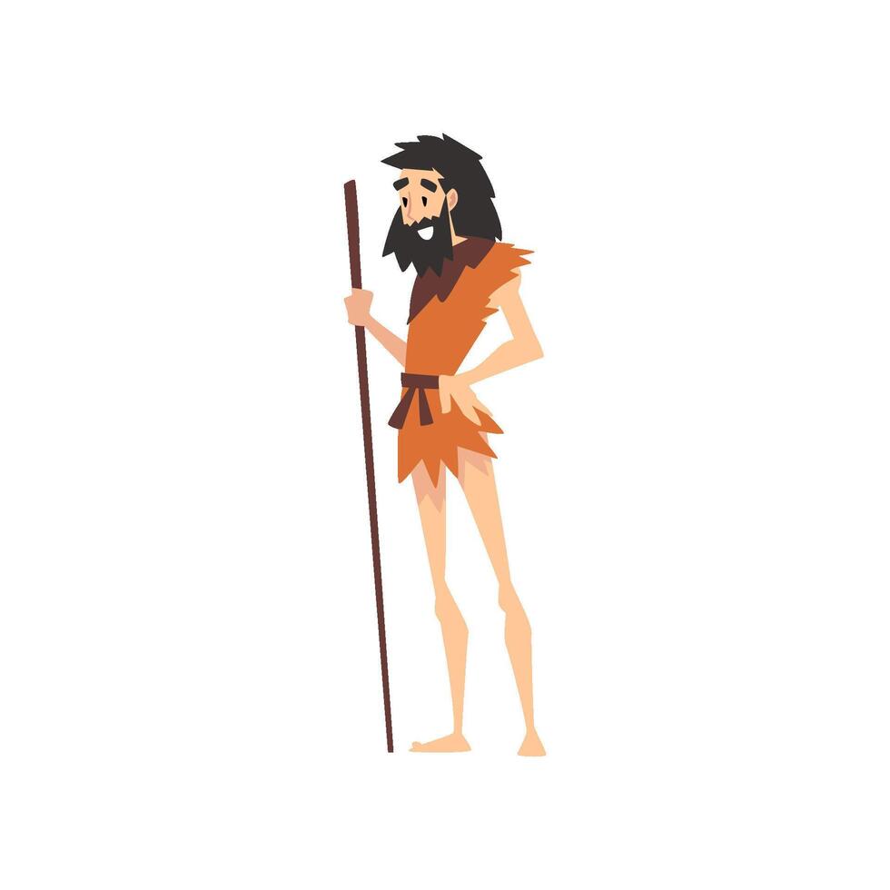 Prehistoric Bearded Man, Primitive Stone Age Caveman in Animal Pelt Cartoon Character Illustration vector